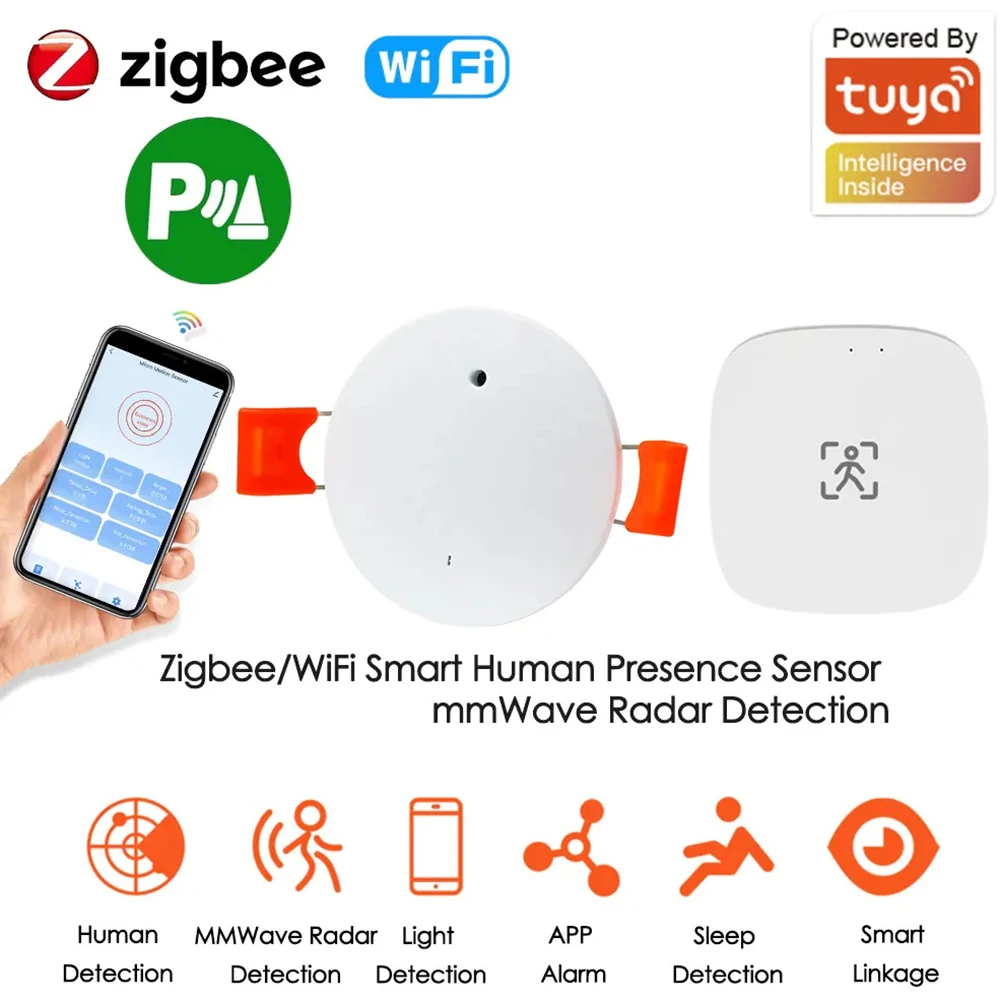 ทำงานร่วมกับ Tuya ZigBee เซ็นเซอร์ตรวจจับเอ็มเอ็มเอ็มเวฟของมนุษย์เครื่องตรวจเรดาร์เซ็นเซอร์ตรวจจับการเคลื่อนไหวไวไฟพร้อมการตรวจจับความสว่าง/ระยะทาง