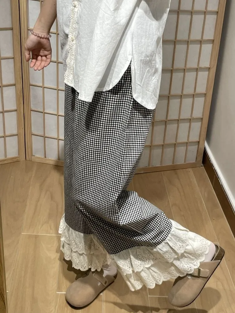 

Широкие брюки с рюшами и кружевными краями, свободные повседневные летние брюки для японских студентов и девочек, черно-белые брюки в клетку длиной до щиколотки