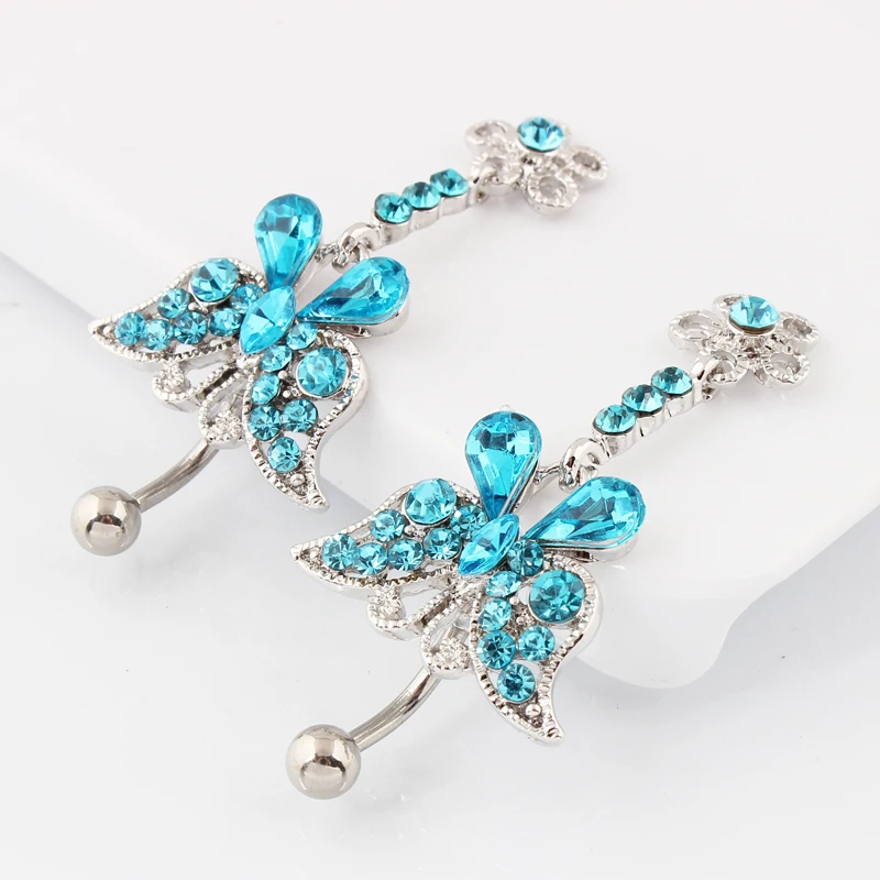 Rhinestone Blue Butterfly Belly button ring Woman Fashion Body piercing Navel ring jewelry  14G 316L Surgical steel Bar TAIERS
