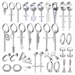 Newest 1 Pair Stainless Steel Cross Pendant Dangle Long Tassel Unisex Hoop Earrings Men/Women Punk Gothic Jewelry Best Gifts