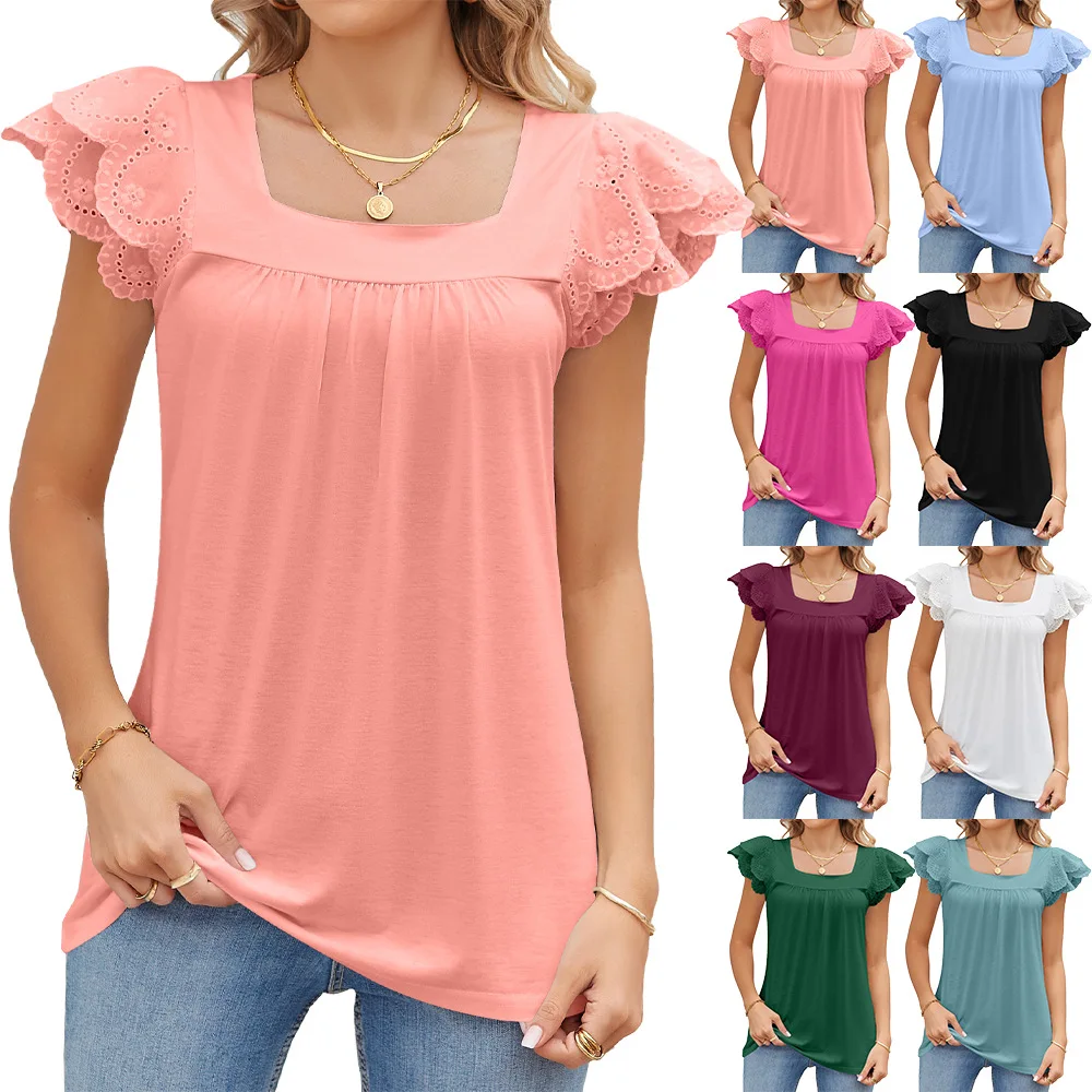 

Women's Shirt Summer New Fashion Casual Solid Color Stitching Square Collar Petals Short-sleeved T-shirt Tops Female