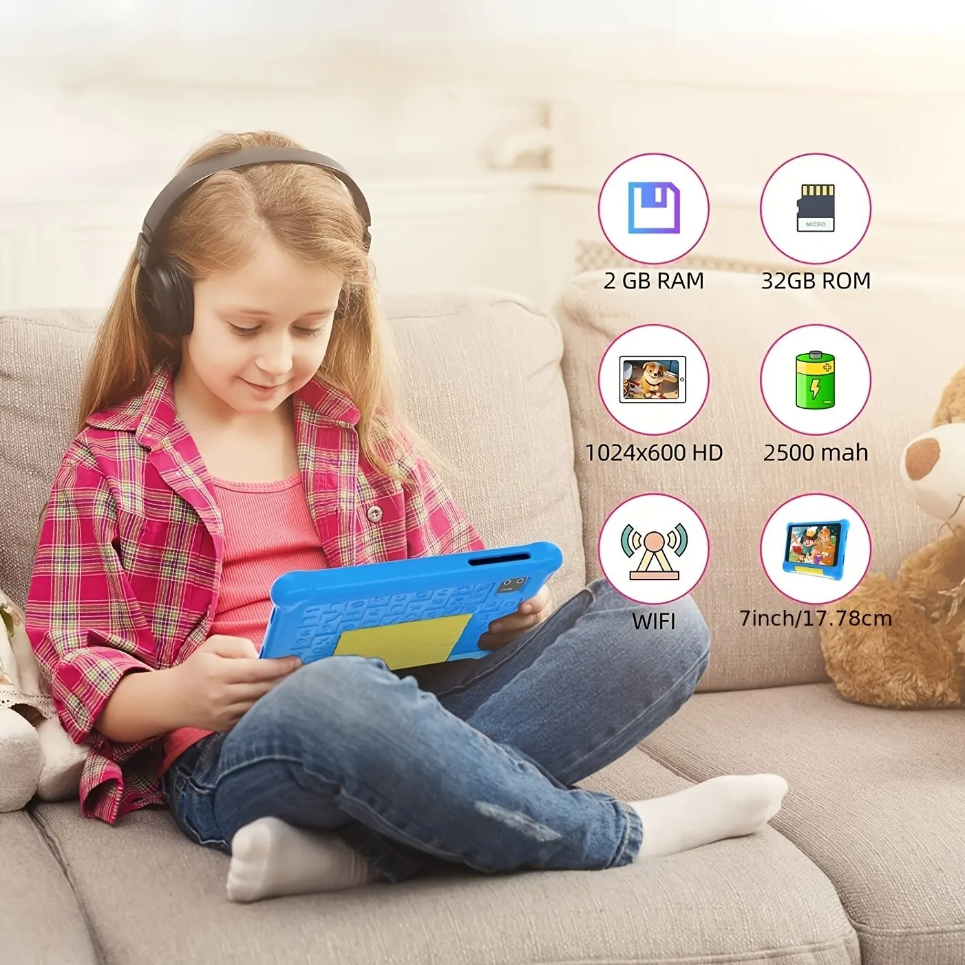 Freeski-Tablette Android 12 pour enfants, écran HD 7 pouces, 2 Go de RAM, 32 Go de ROM, Dean, façade, processeur Core, Kidoz pré-installé