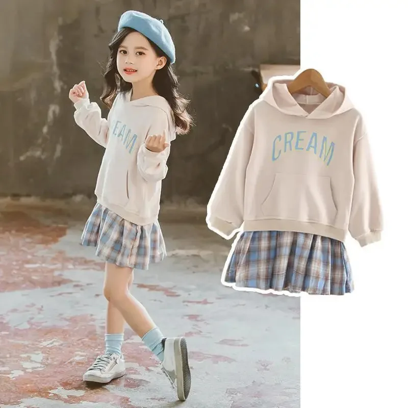 أطفال بنات ملابس مطوي فستان فتاة مقنعين البلوز وهمية قطعتين فستان 3 4 5 6 7 8 9 10 سنوات