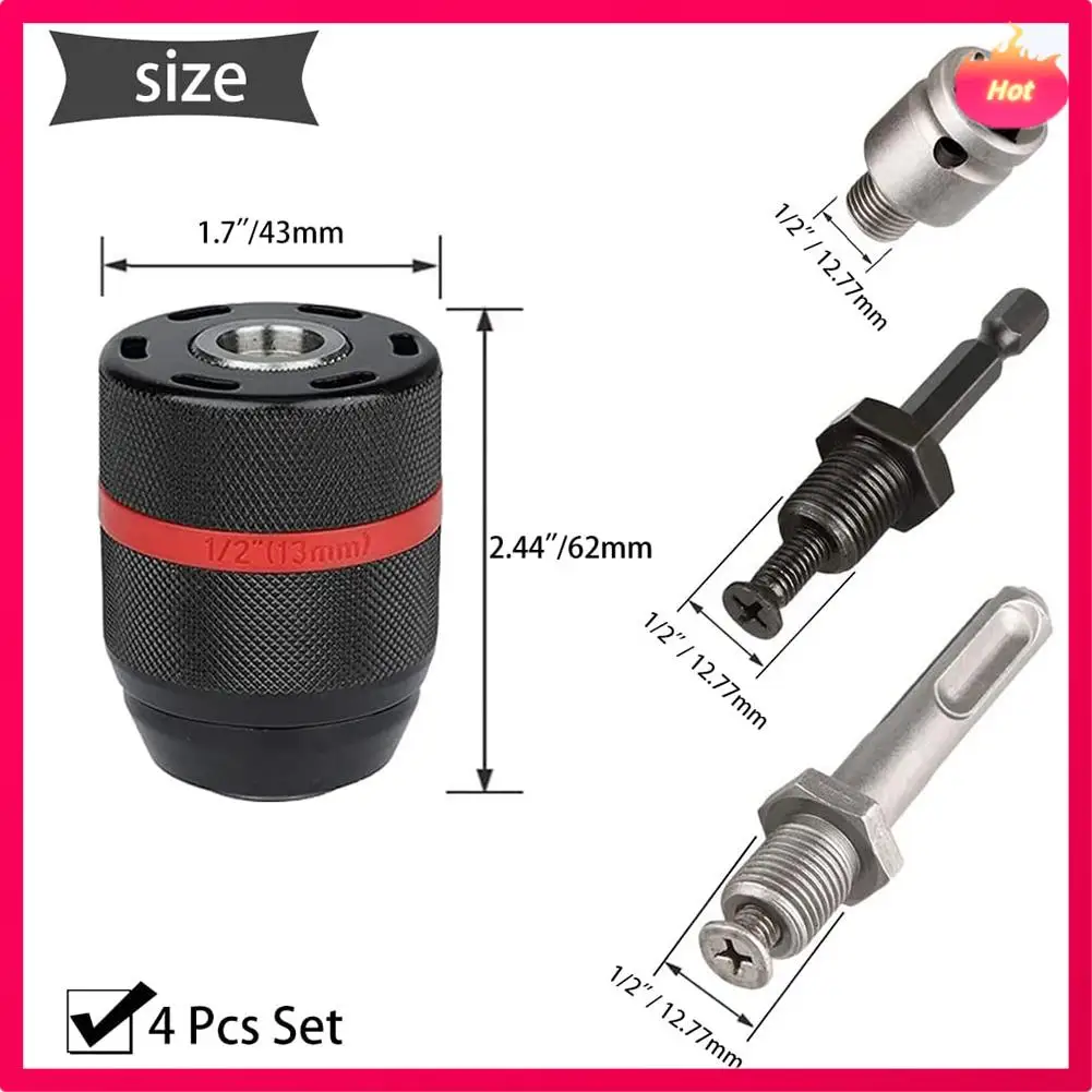 

New 4 Piece 1/2-20UNF 1.5-13Mm Keyless Drill Chuck Hex Shank/SDS/Socket Square Female Adaptor Hardware Tool Drill Chuck Metal