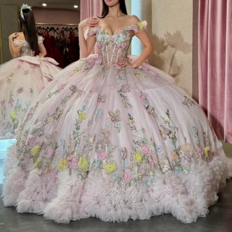 

Pink Quinceanera Dresses Off The Shoulder Applique Flower Bow Beads Tiered Tull Ball Gown Vestidos De 15 Anos Sweet 16 Dress