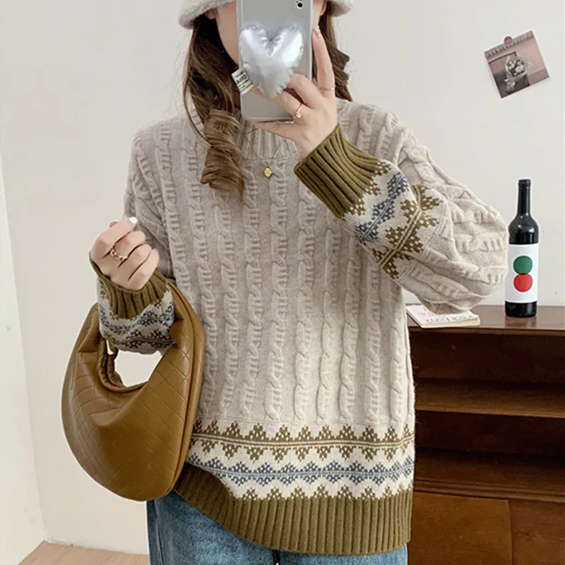 Half High Collar Retro Fried DoughTwistsSweater for Women Autumn Winter 2024 New Jacquard with Knitted Underlay Women Lazy Style