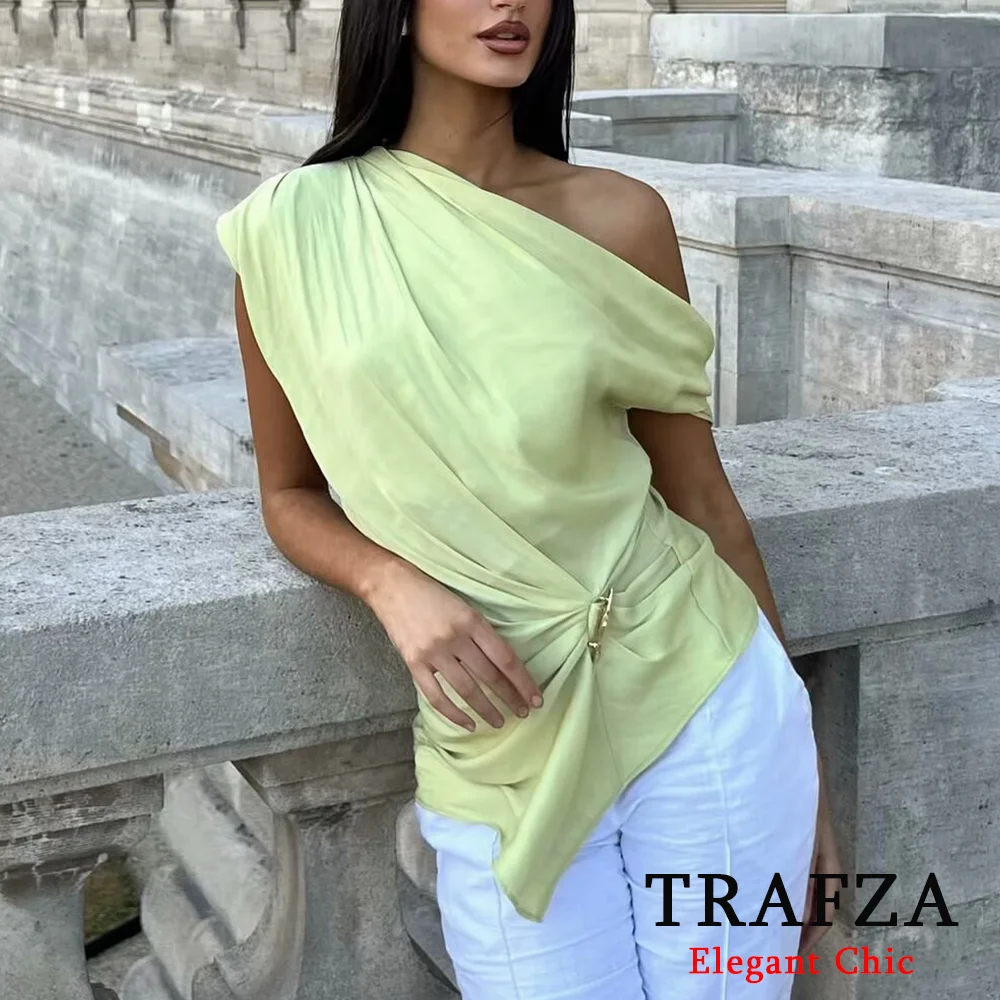 

TRAFZA Women Elegant Sexy Asymmetrical Satin Top One Shoulder Pleated Top 2025 New Summer Fashion Holiday Party Beach Mujer Tops