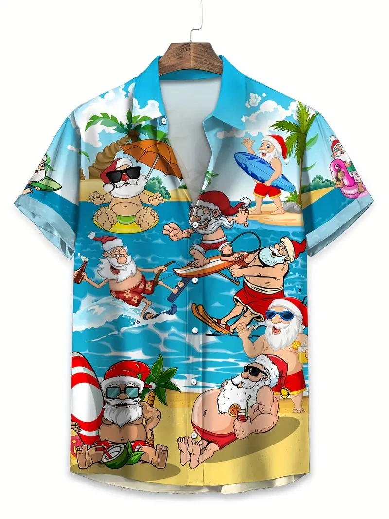 

2025 Santa Claus Surfing Hawaiian Shirt Unisex Fashion Cartoon Shirts Short Sleeve Blouse Christmas Festive Vacation Tops