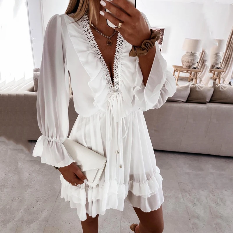 Elegant Lace-up Hight Waist A-Line Dress Women Sexy Lace Splicing V-neck Solid Mini Dress Casual Long Sleeve Chiffon Party Dress