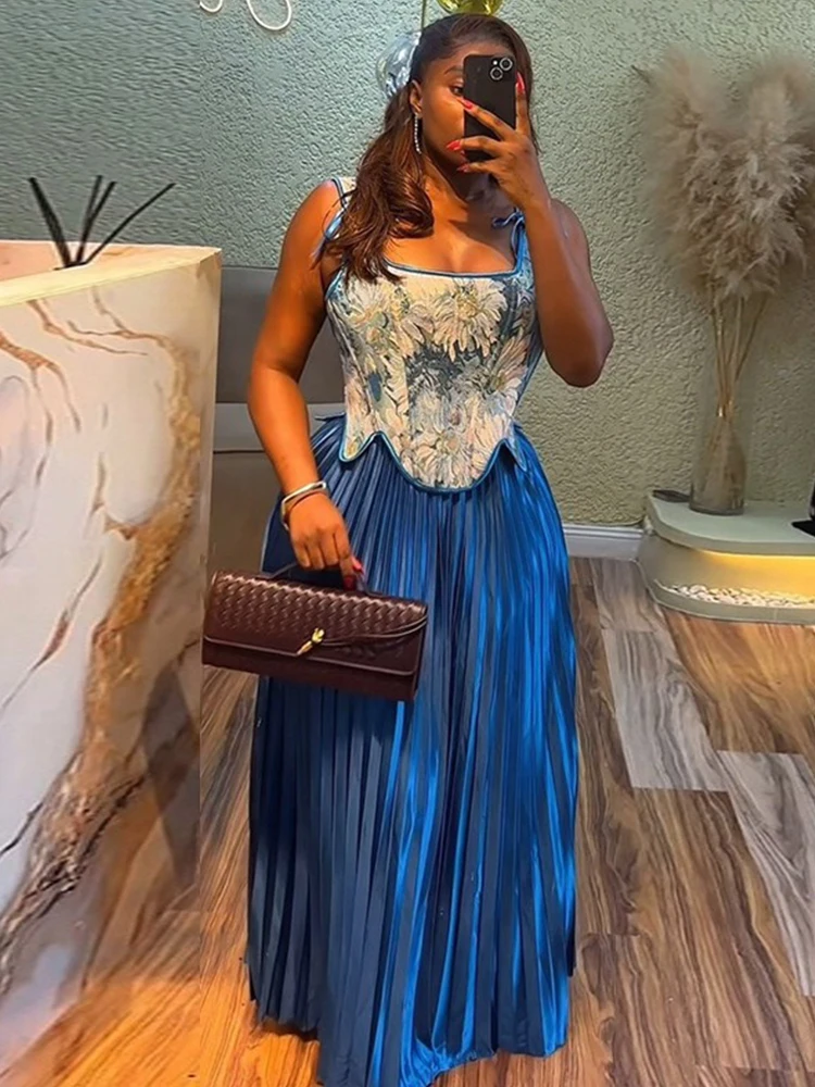 

Summer Suit Skirt 2 Piece Set for Women Floral Print Croset Waist Top and Please Long Dress Sets Elegant Wholesale Dropshipping