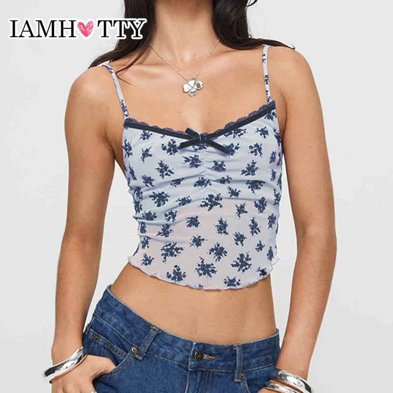 IAMHOTTY French Style Floral  Print Crop Top Women Coquette Aesthetic Contrast Color Lace Stitching Sleeveless Tops Sexy Camis