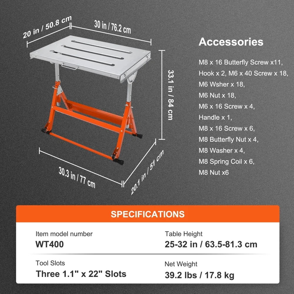 30x20 Welding Table Steel Construction 400lb Capacity Adjustable Height Foldable Design with 3 Slots and Mobility Features