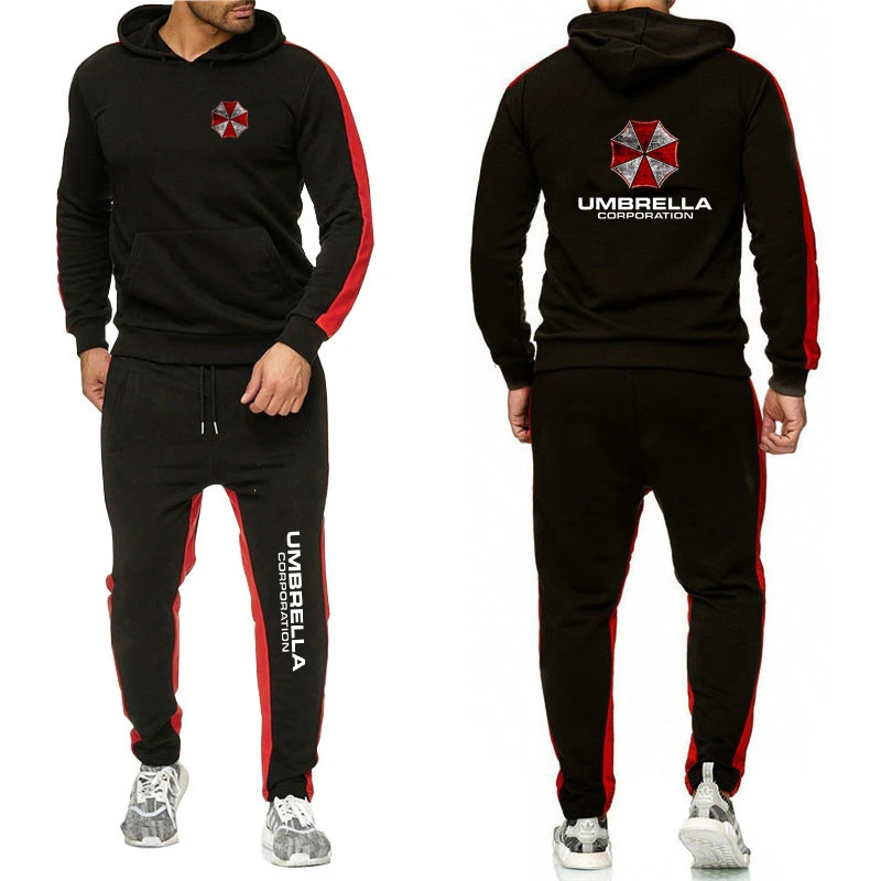 

2025 Spring And Autumn Men's Red And White Protective Umbrella Logo Print Solid Color Hooded Hoodies+Sports Long Pants Sets