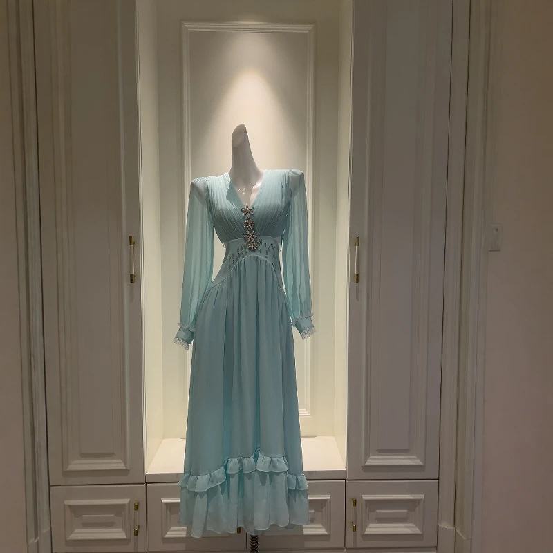 

Ele Blue Lace Hollow out Long Sve Chiffon Dr Luxury Retro Waist Exposure Hanfu Sle mid Length High Waist Dr