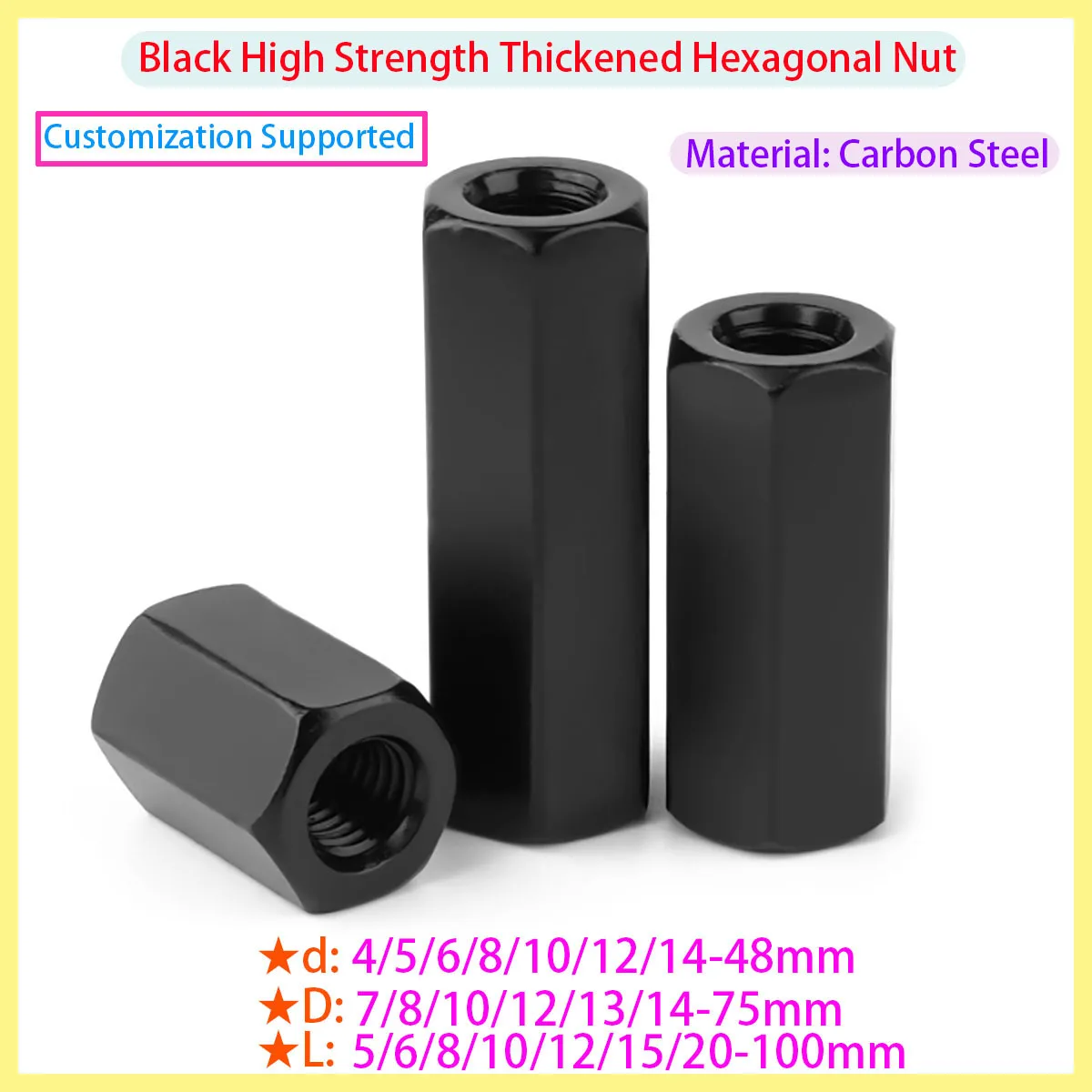 

12.9 Grade Black Spacer Connecting Nut Long Hexagonal Nut/connecting Threaded Nut M10 M12 M14 M16 M18 M20
