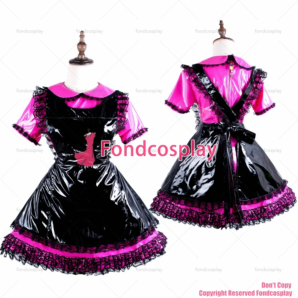 fondcosplay adult sexy cross dressing sissy maid hot pink thin PVC lockable dress vinyl Uniform black apron CD/TV [G1577]