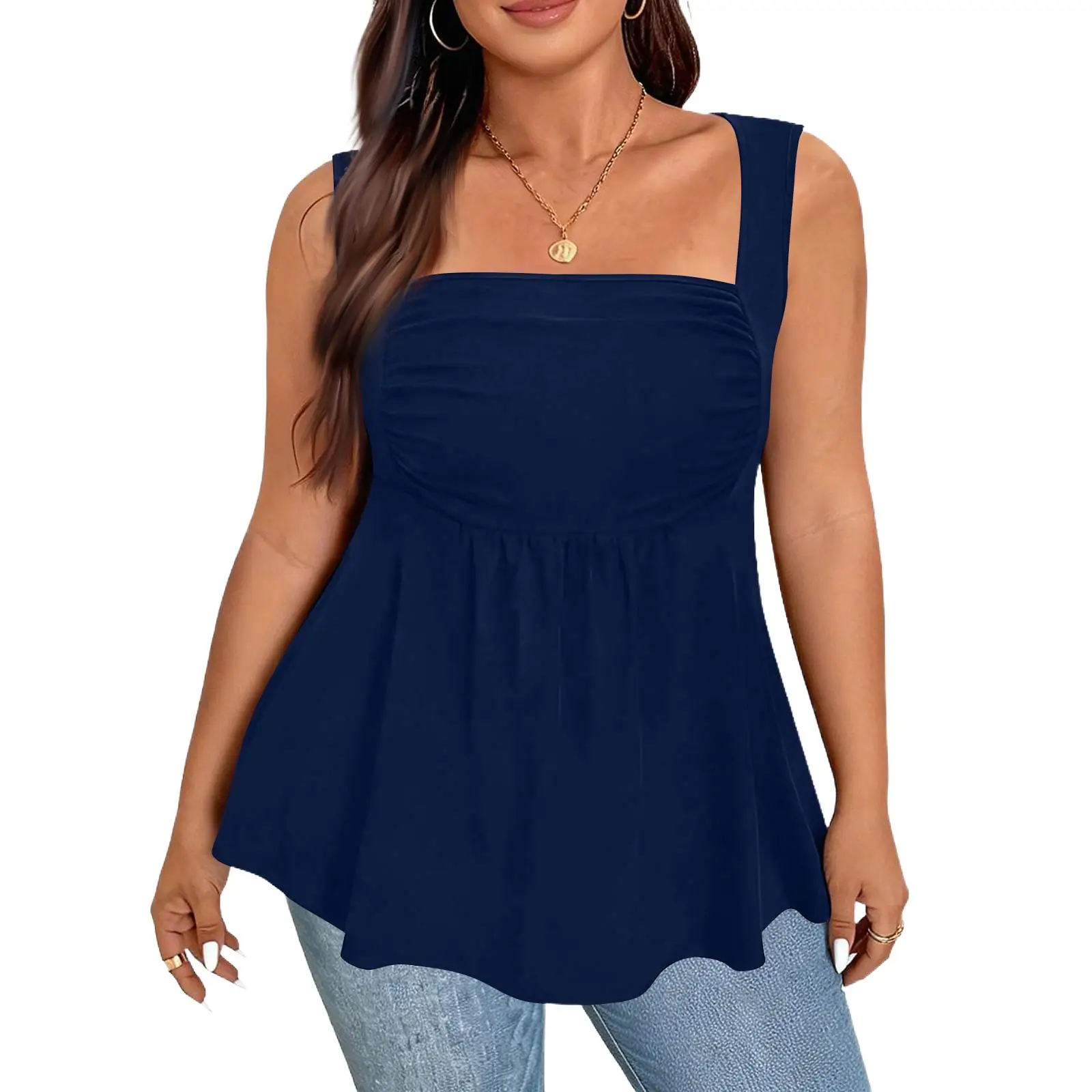 

Женская одежда больших размеров, элегантный французский топ без рукавов с квадратным вырезом, летняя повседневная и стильная майка, женская блузка без рукавов