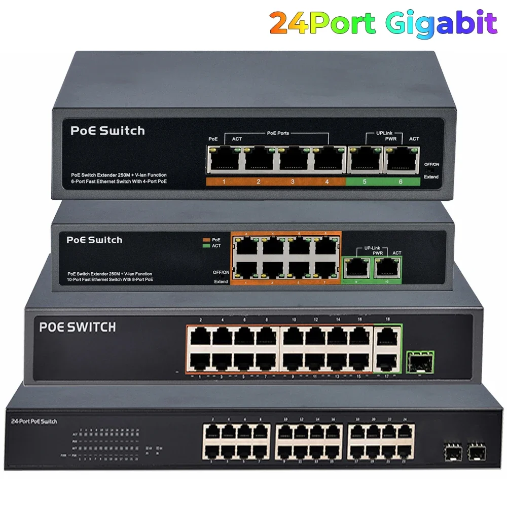 24 Port Gigabit PoE Switch with 2 Uplink Gigabit Ethernet Ports 370W Unmanaged 802.3af/at Fanless Silent Operat for PoE Cameras