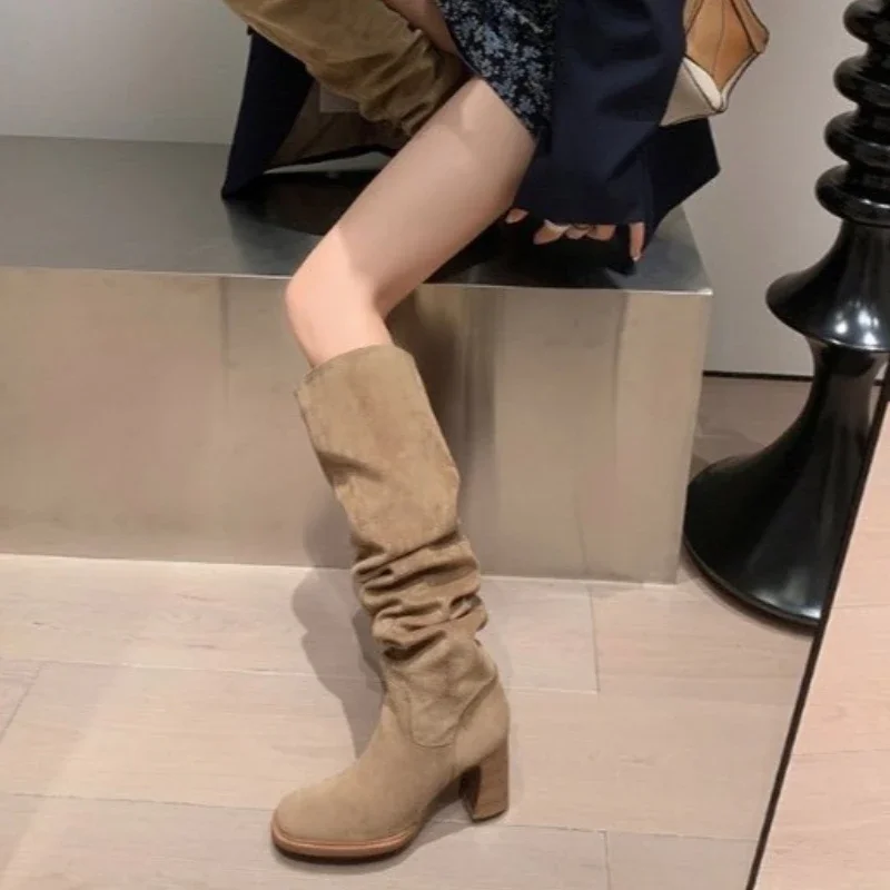 Scarpe da donna 2024 moda manica stivali da donna autunno punta quadrata in pelle scamosciata solido tubo alto tacchi grossi stivali Zapatos De Mujer