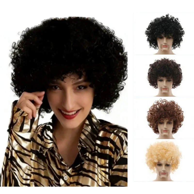 Perruques synthétiques bouclées unisexes, chapeau Disco Hippie Rock Punk Style Afro pour hommes et femmes, perruques de Cosplay de fête d'halloween, couvre-chef