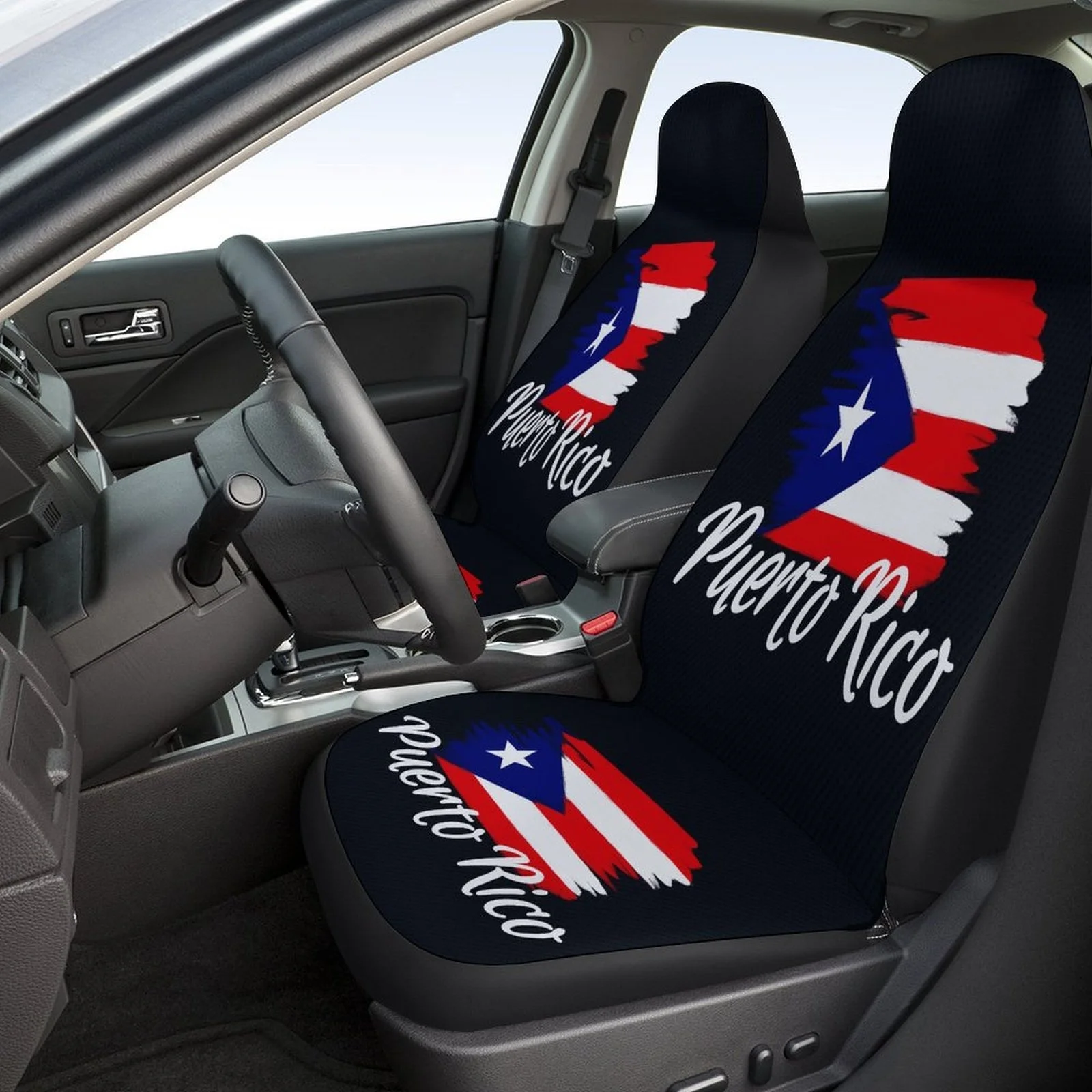 Puerto Rico Flag Car Seat Cover Set - Stylish Black With White & Red Design, Durable, Machine Washable, Fits Most Cars, Includes
