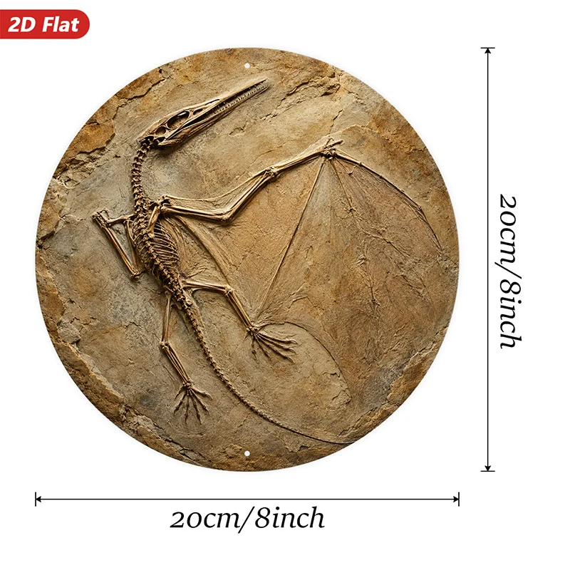 2D Vintage Metal Pterosaur Fossil Wall Art, Round Dinosaur Sign for Home Decor, Stone Texture Paleontology Style Indoor Outdoor