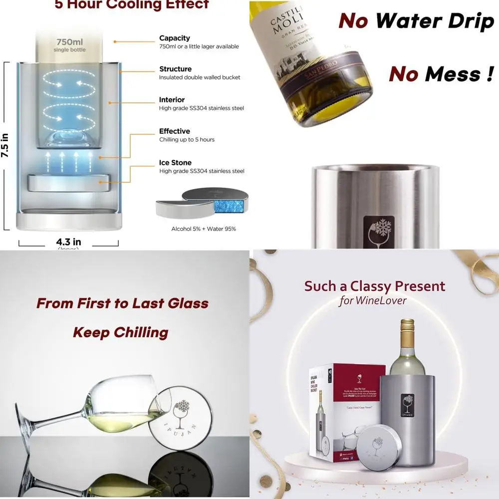 

Stainless Ice Stone Champagne Cooler, Insulated Silver Wine Chiller for 750ml Bottles, Keeps Cold for 5 Hours