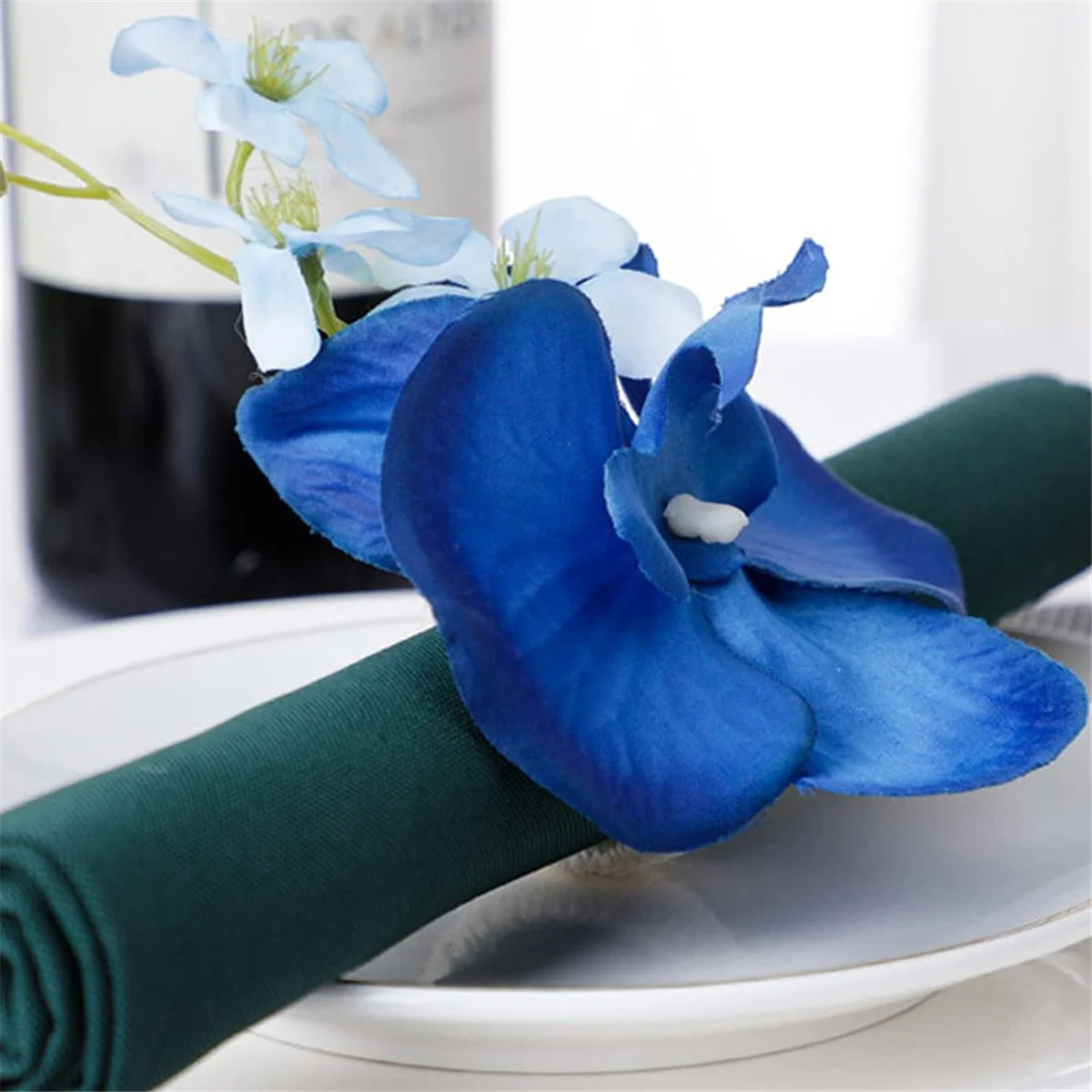 B59A6PCS Handmade Orchid Flower Napkin Rings Blue Flower Holders Handcraft Serviette Buckles Rings for Wedding Table Decor