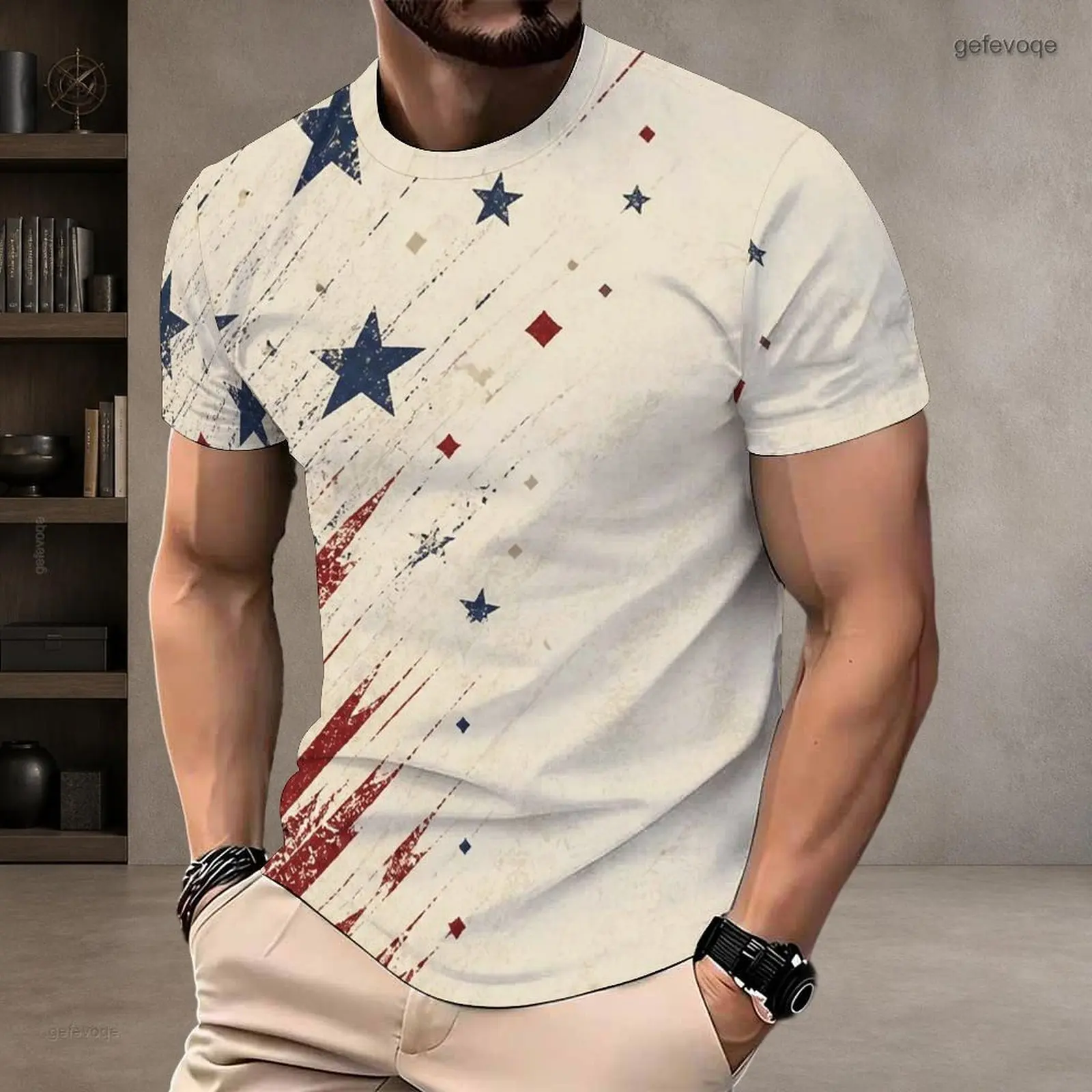Men Round Neck Short Sleeve Printed T-Shirt, Moon Star Wavy Stripe Pattern Light Beige Blue Red