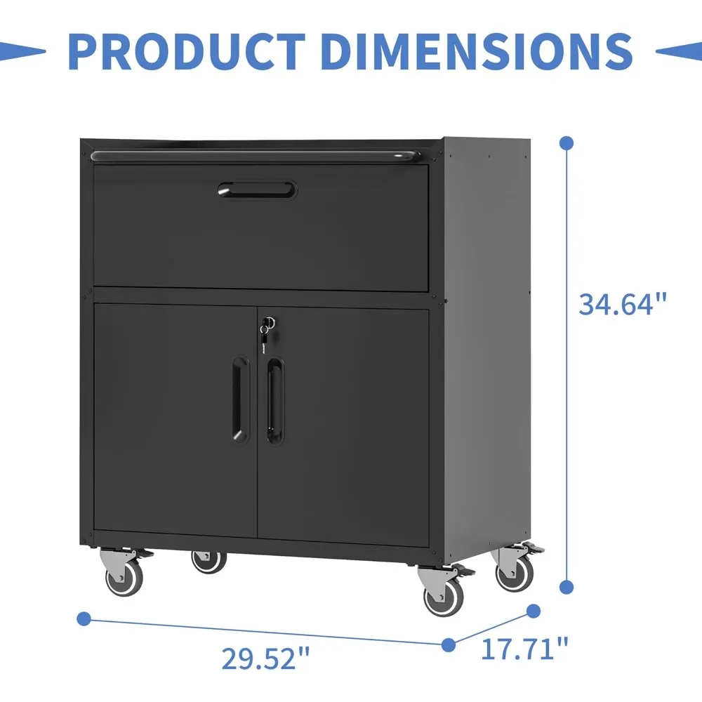 Metal Tool Cabinet for Garage with Wheels，Mobile Metal Storage Cabinet with 1 Drawer and 2 Locking Doors,Rolling Tool Storage