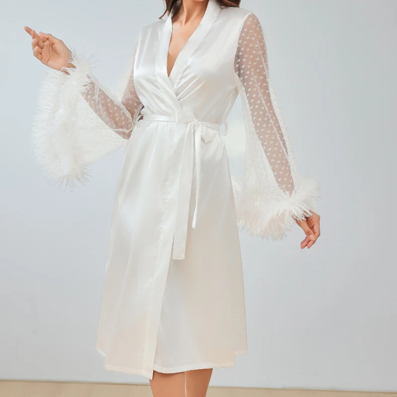 

Krismile Women's Robes Patchwork Lace Flare Sleeve 2025 Spring Autumn White Feathered Elegant Belt Bathrobe Comfort Sleepwear