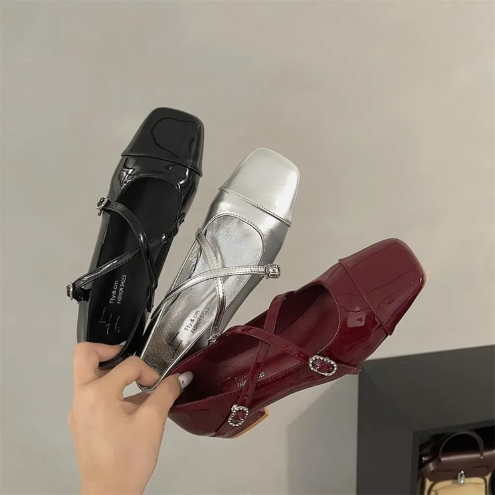 Medium Heeled Shoes Retro Mary Jane Single Shoes WomenThick Heeled Ballet Shoes Cross Buckle Shallow Soft Sole Shoe 2024 New