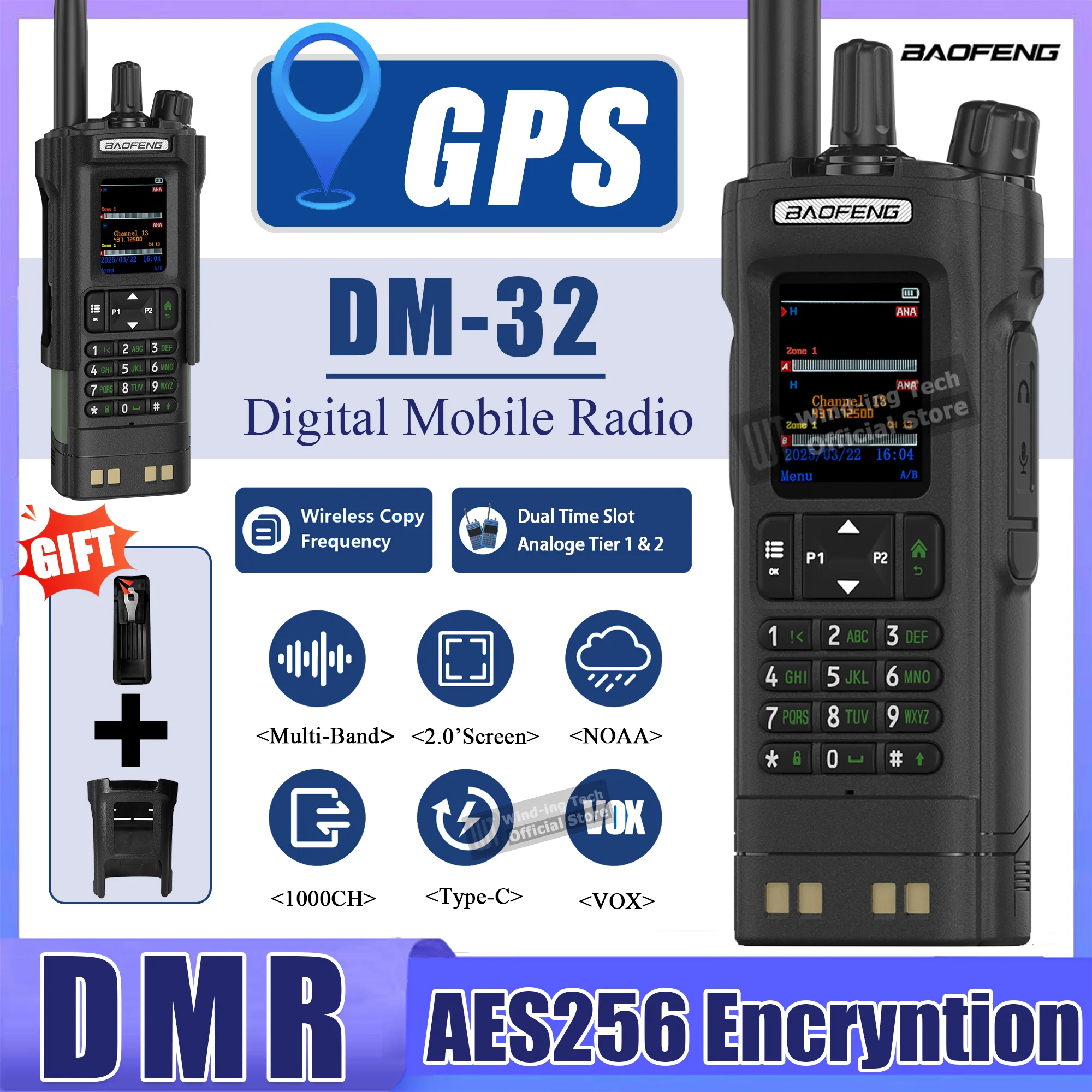 Baofeng DM-32 10W Walkie Talkie GPS APRS AES256 Original Belt Clip Hoster Type-C Dual Mode Analog Dual Time Slot 999CH DMR Radio
