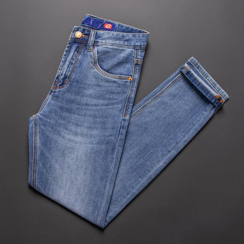 Celana jeans pria minimalis klasik, modis musim panas, ukuran kecil, elastis, celana cropped mewah ringan kelas atas