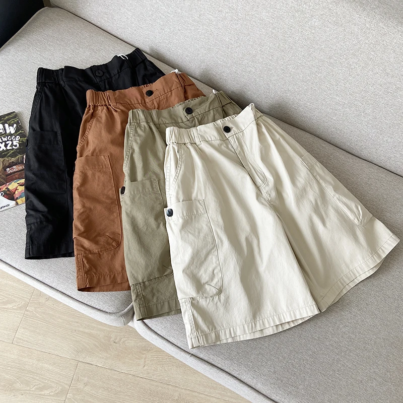 

Casual Workwear Style! Cotton Khaki! 3D Large Pockets! Summer Men's Elastic Waist Loose Straight Leg Shorts