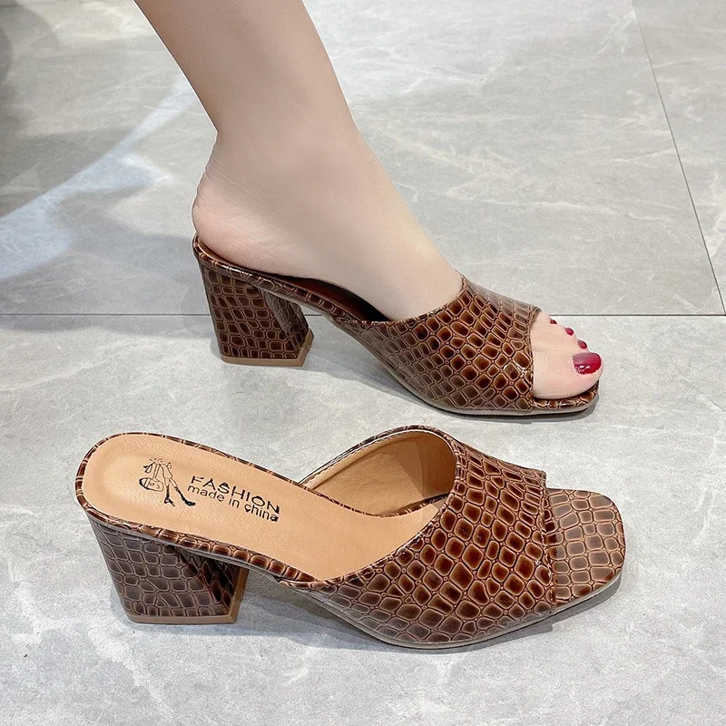 Gingham Slippers Women New Summer Shoes Women Thick-heeled High-heeled Sandals Slippers Fashion Half-slippers Women Mules Slides