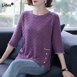 Camiseta de punto de manga 3/4 para mujer, Tops holgados de retazos con botones de Color sólido, ropa informal sencilla, moda de otoño