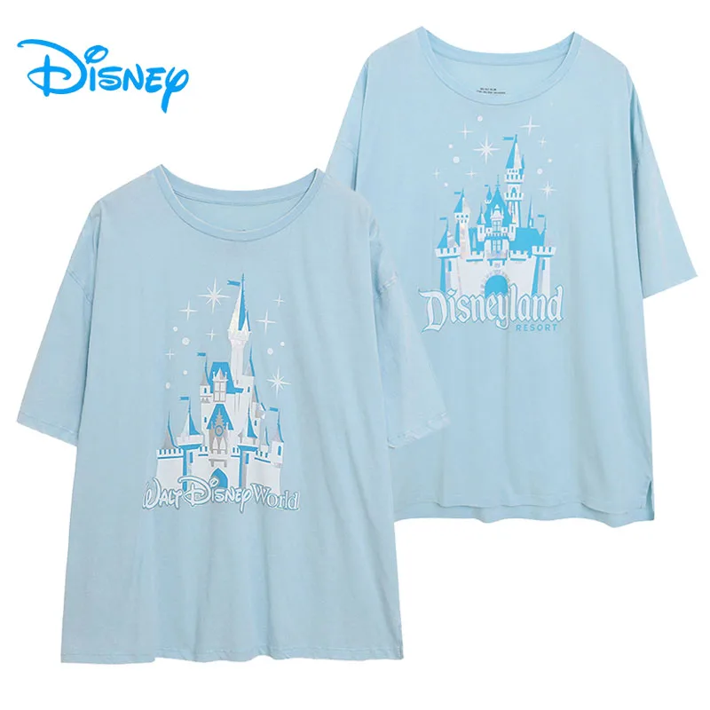 

Футболка Disney World Washed с принтом «Замок» и круглым вырезом, футболка с короткими рукавами Disneyland, женский повседневный свободный топ, уличная одежда