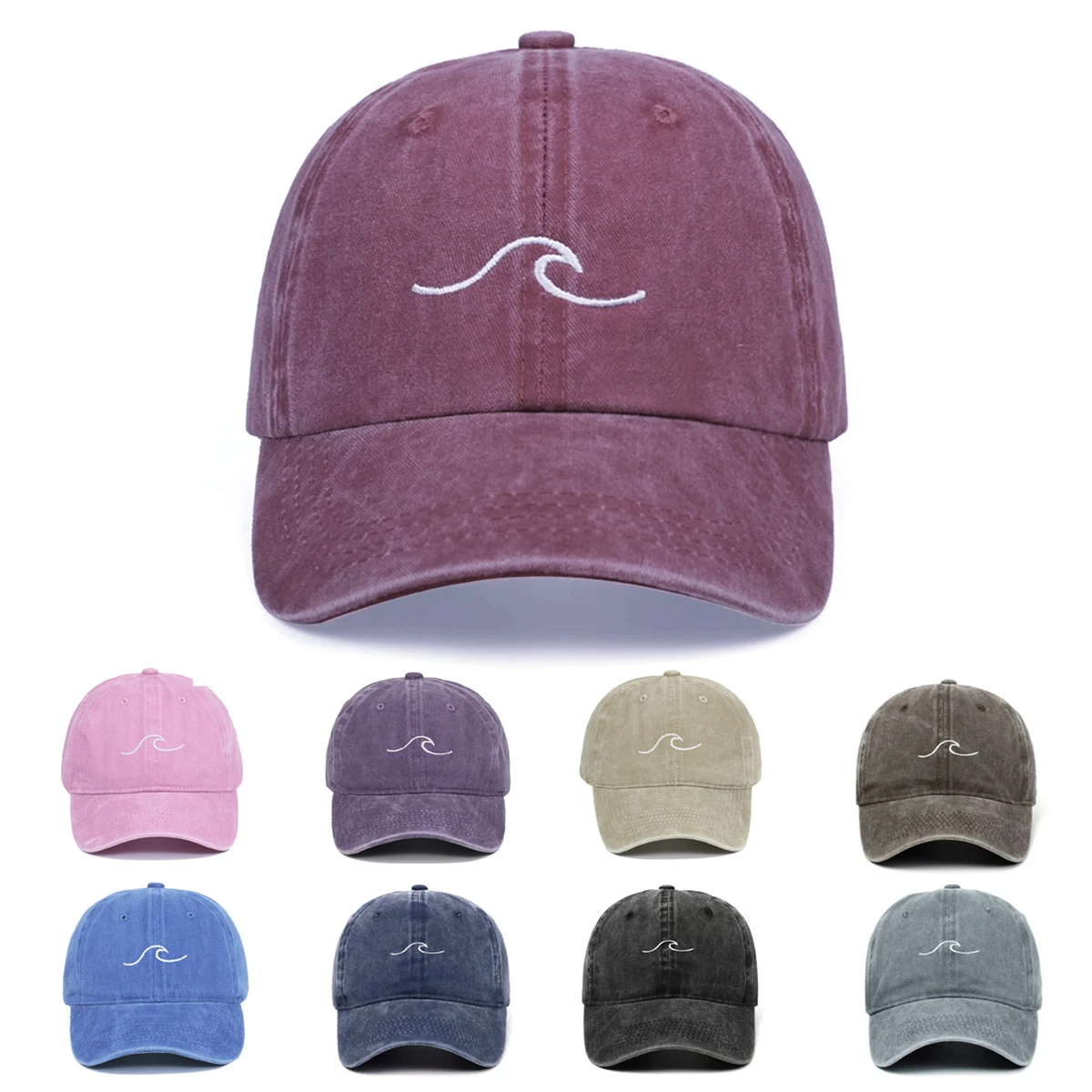 

A wave embroidered baseball cap in solid color, washed and distressed dad hat, simple and retro sun hat for both men and women