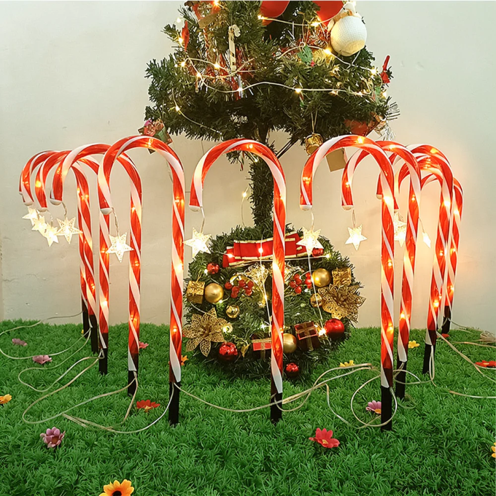 Christmas Decorative Solar Cane Lights Star Snowflake Design Waterproof Outdoor Pathway Ground Stake Lighting