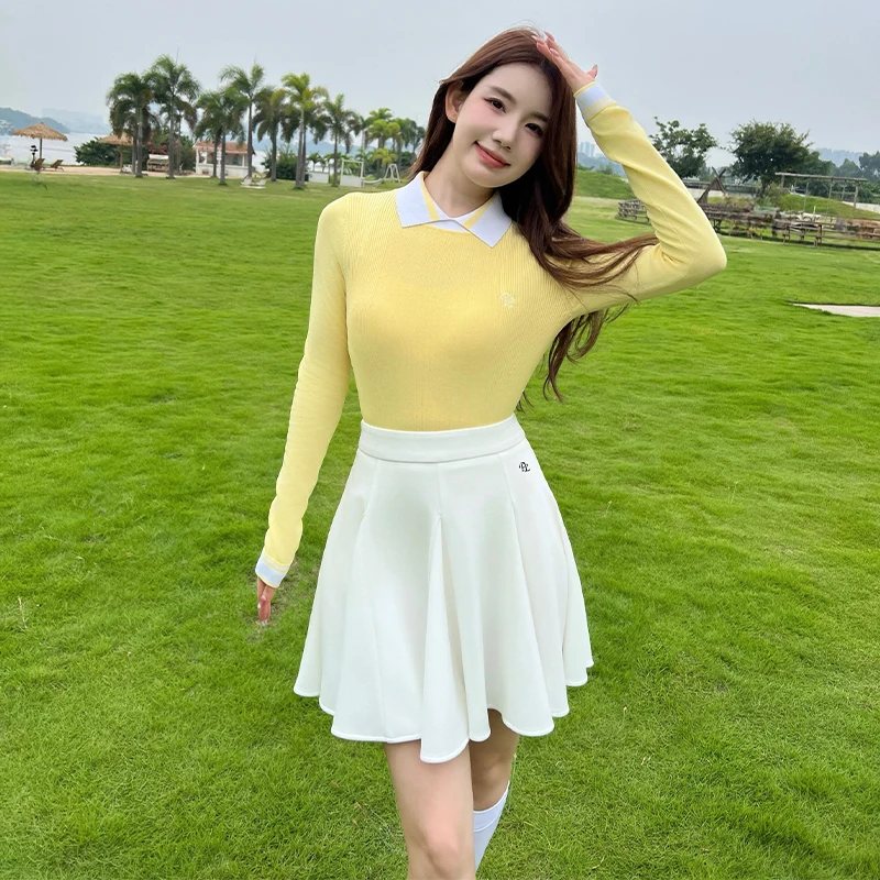 Women Golf Apparel Women Knitted Long Sleeve Sweater Polo Collar Slim Top Spring Autumn Lady High Waist Skirt Golf Pleated Skort