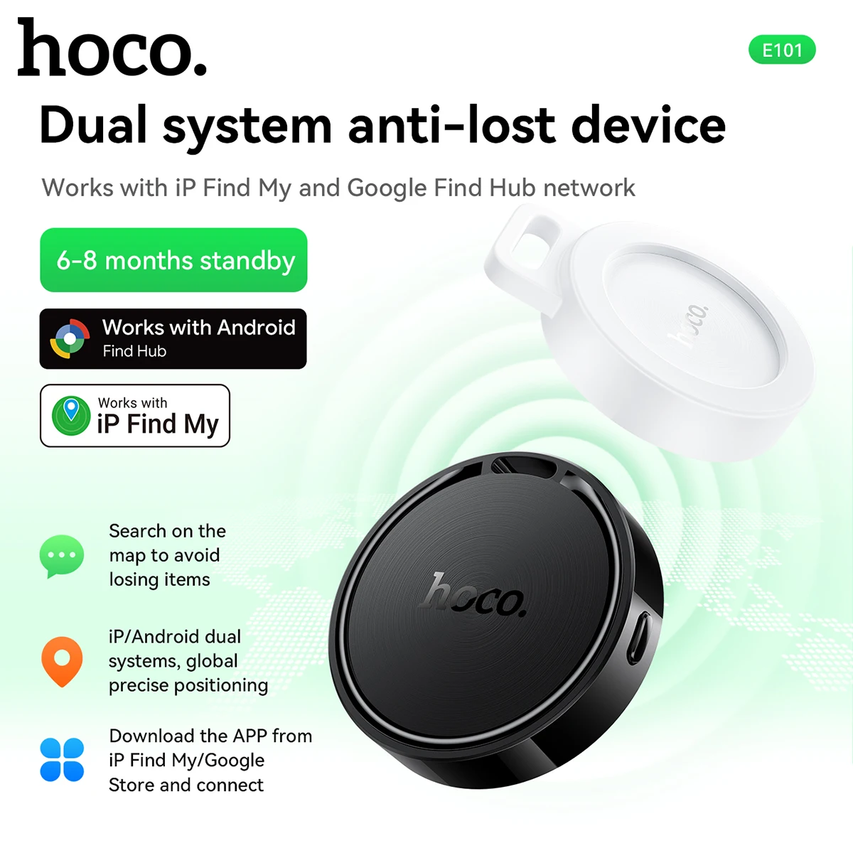 E101 Smart Bluetooth GPS Tracker Tag Key Pet Finder with Protective Case Compatible with Google Find My App for Android