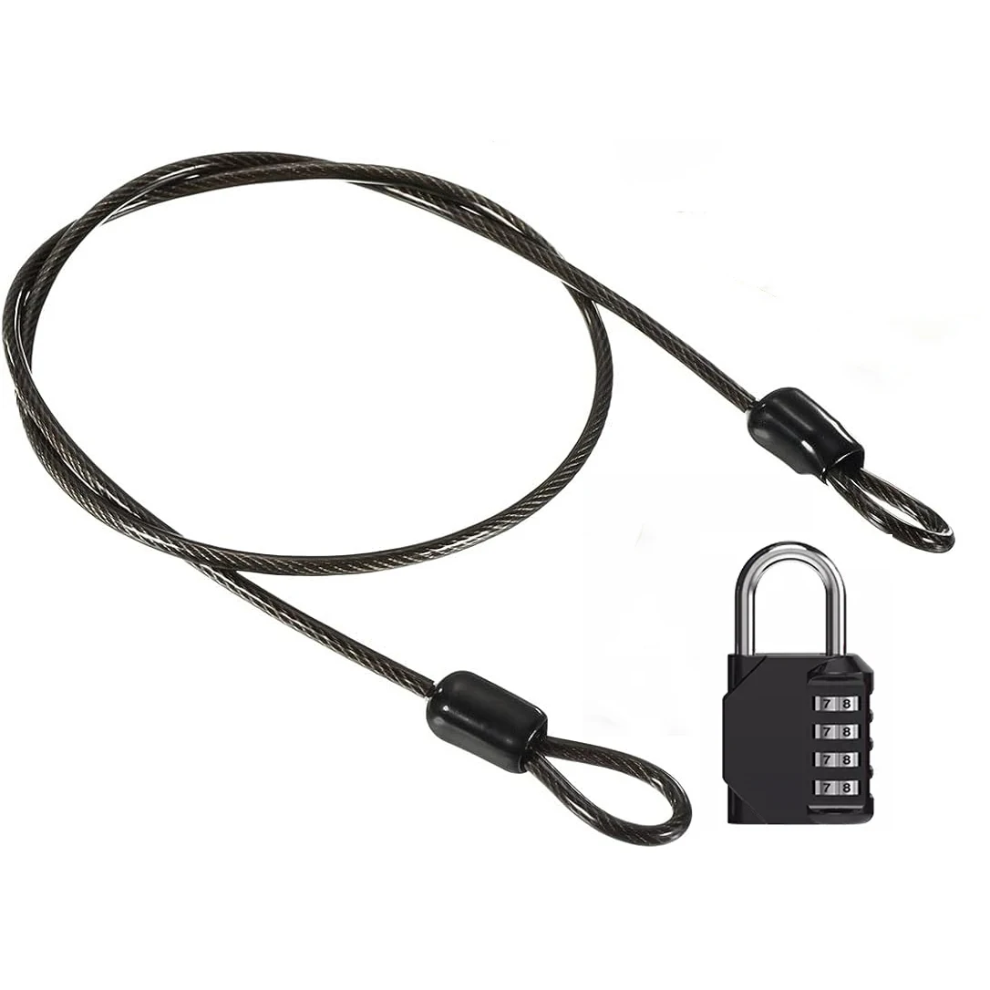 Security Steel Cable with 4 Digit Combination Lock 1 Set Travel Padlock 1m Coated Safety Wire Rope Double Loop for Luggage US234