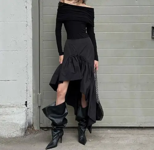 

2025 Autumn High Waist, Exposed Legs, Layered Lotus Leaf Edge Cotton Irregular Half Length Skirt for Women