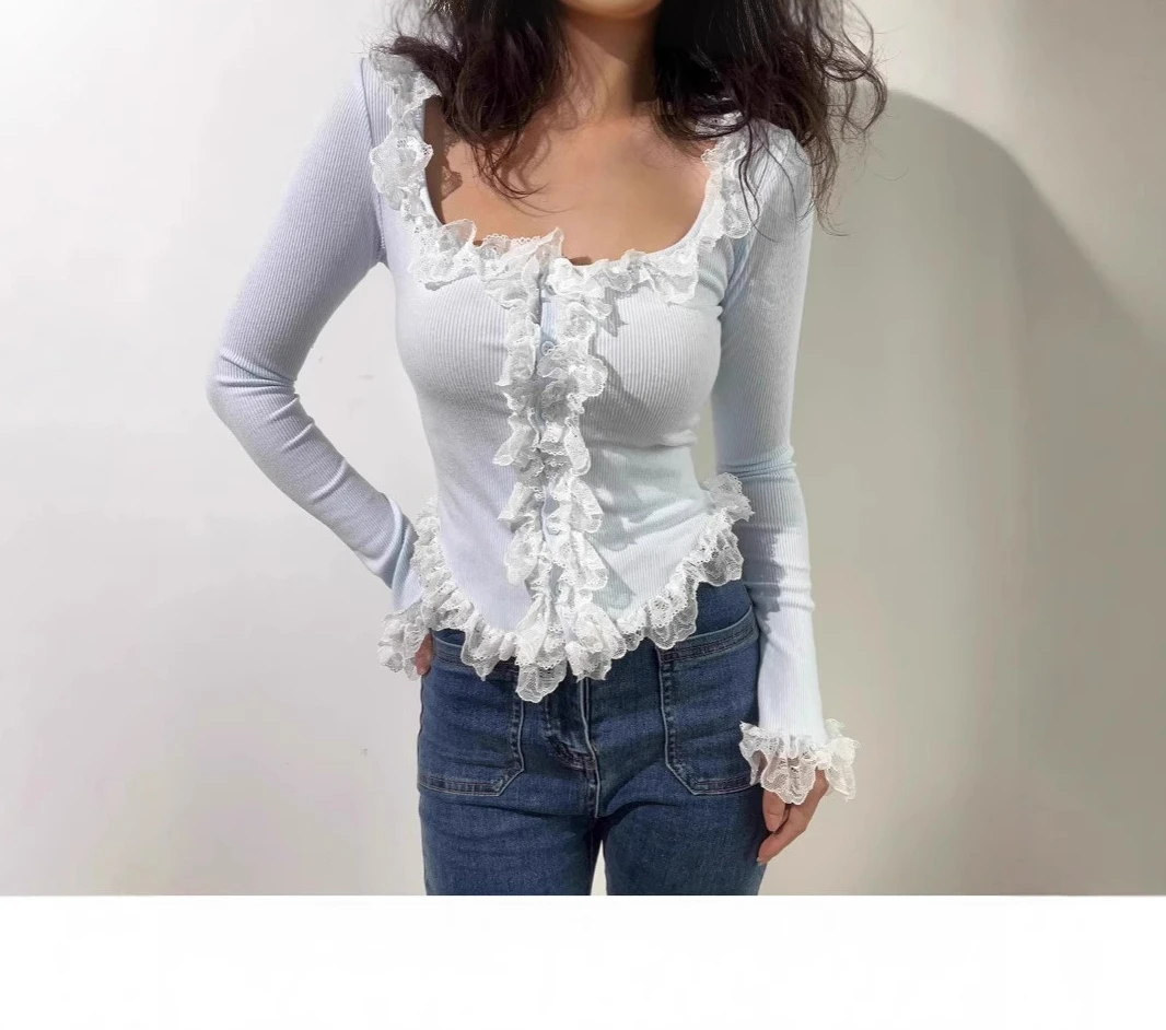 2025 Autumn New Lace Splicing Horn Sleeve Knitted Shirt Looks Thinner with Interior Bottom Top