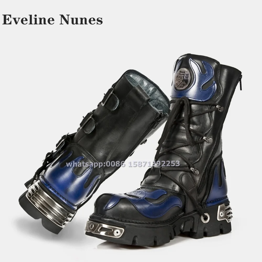 Metal Decoration Cyberpunk Style Motorcycle Boots Round Toe Tank Soled Lace Up Print Mixed Colors Mid-Calf Boots 2024 Retro Punk