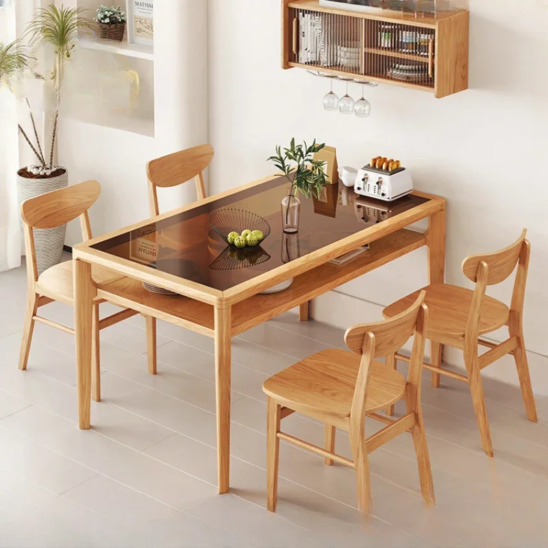 

Nordic all-solid wood dining table and chairs combination modern simple small apartment tempered glass dining table dining table