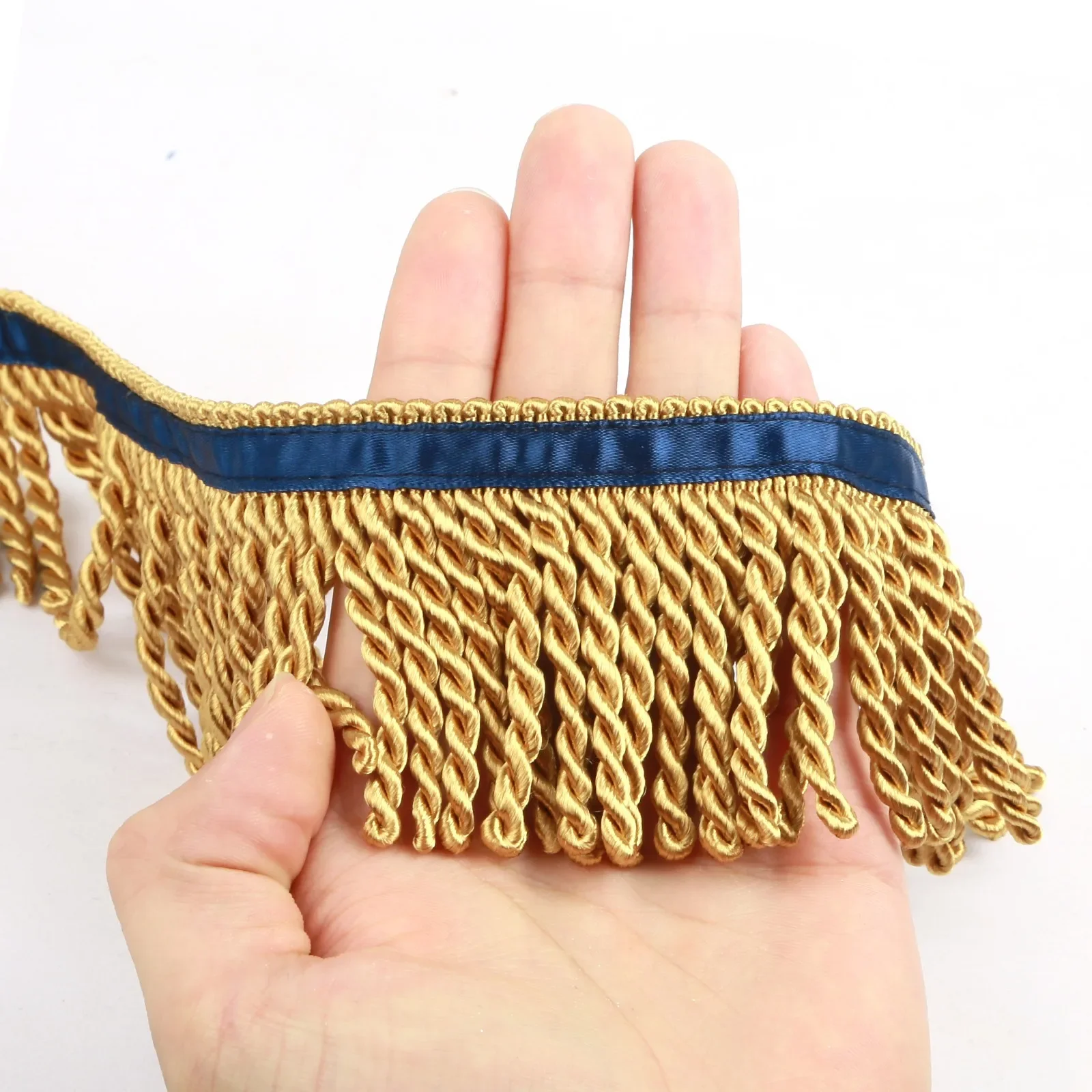 5 Yards Bullion Fringe Trim 2.5 Inches Fabric Trims Sewing DIY Decoration for Clothes Gold Hebrew Fringes with Blue Ribbon