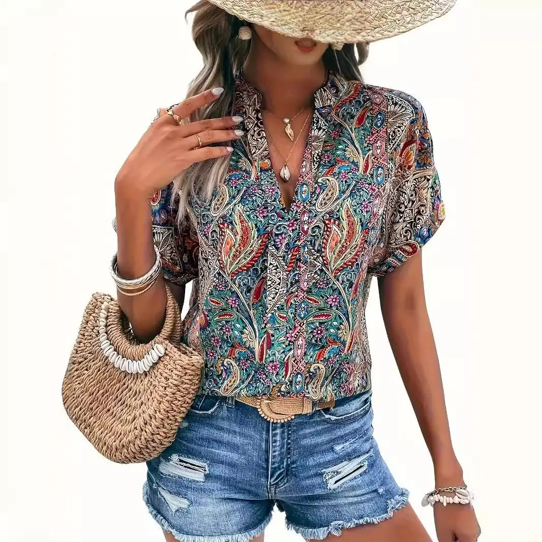 

Женская летняя рубашка свободного кроя с геометрическим принтом, вырезом-лодочкой и коротким рукавом, из комфортного полиэстера, для повседневной носки