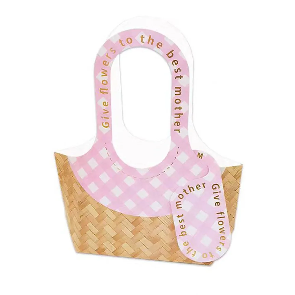 

5pcs Hand-held Imitation Bamboo Tote Bag Woven Design Romantic Flower Packaging Bag Reusable Handmade Flower Basket